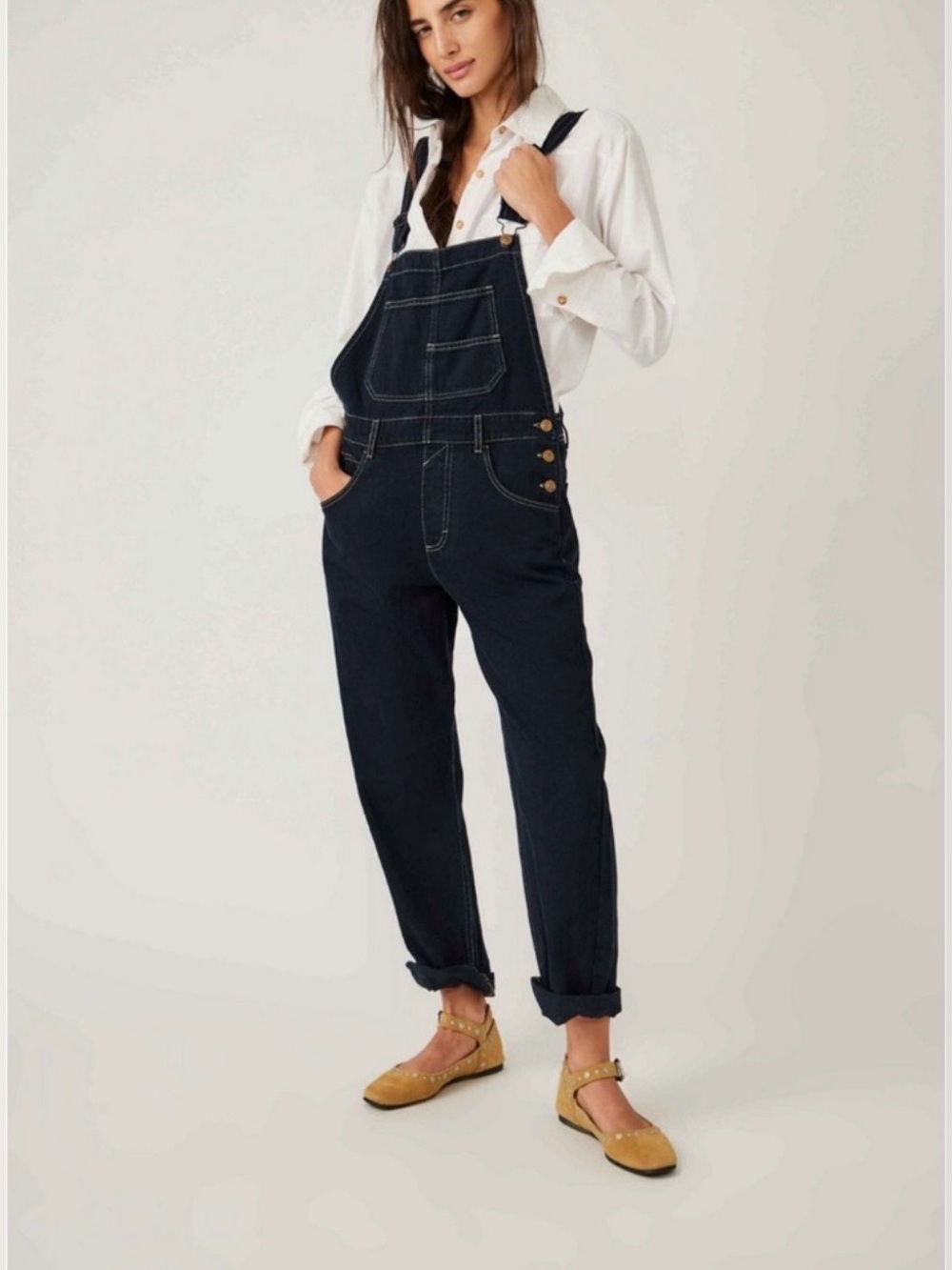 Free People Dark Navy Denim Overalls